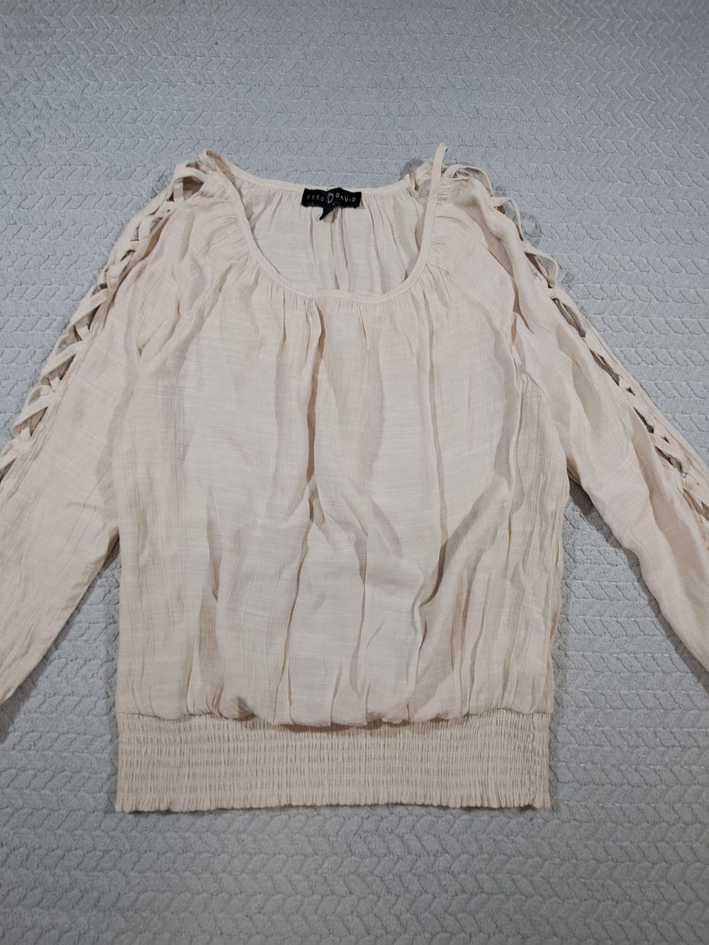 Fred David Cream Lattice-Sleeve Peasant Blouse